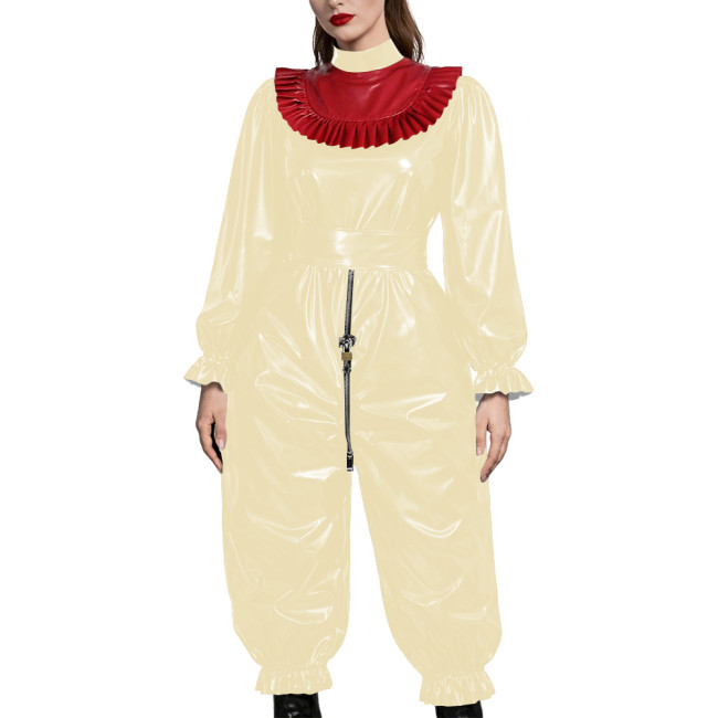 Adult Gothic Punk PVC Fetish Open-crotch Jumpsuit Shiny Vinyl Ruffle Trim Cosplay Sets Erotic Lock Zipper Nightclub Crossdresser