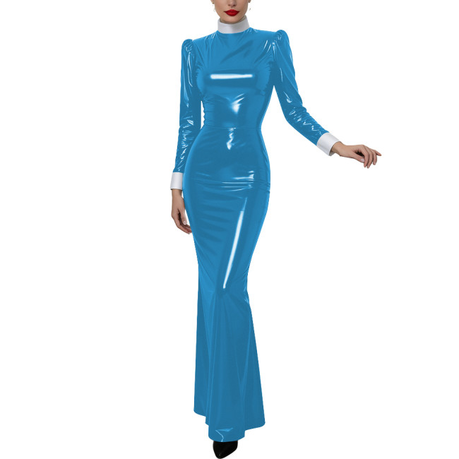 Halloween Women Cosplay Nun High Neck Maxi Dress Gothic Contrast Cuff Collar Bodycon Gown Shiny PVC Elegant Party Long Dress