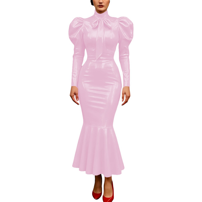 Vintage Glossy PVC Leather Dress High Neck Mermaid Dress Party Puff Sleeve Cosplay Bodycon Formal Bow Tie Gown Crossdresser