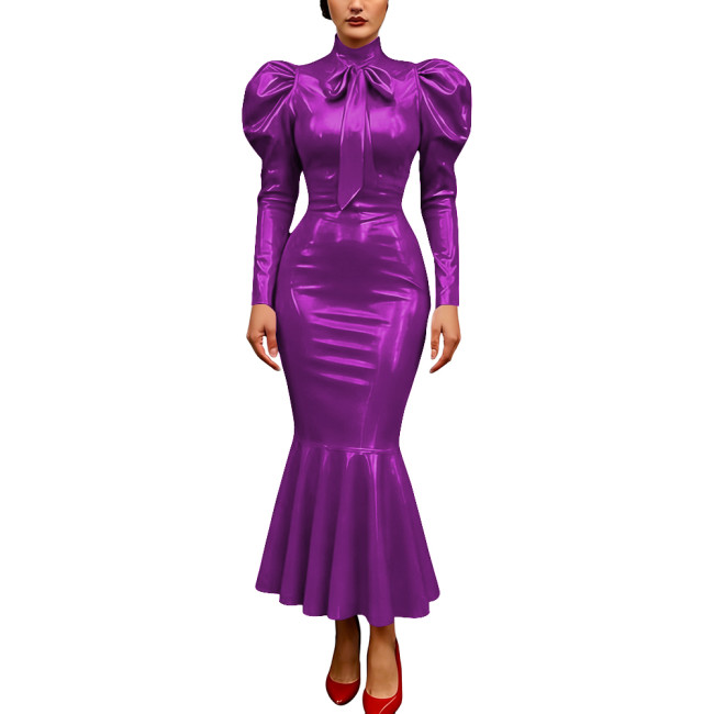 Vintage Glossy PVC Leather Dress High Neck Mermaid Dress Party Puff Sleeve Cosplay Bodycon Formal Bow Tie Gown Crossdresser
