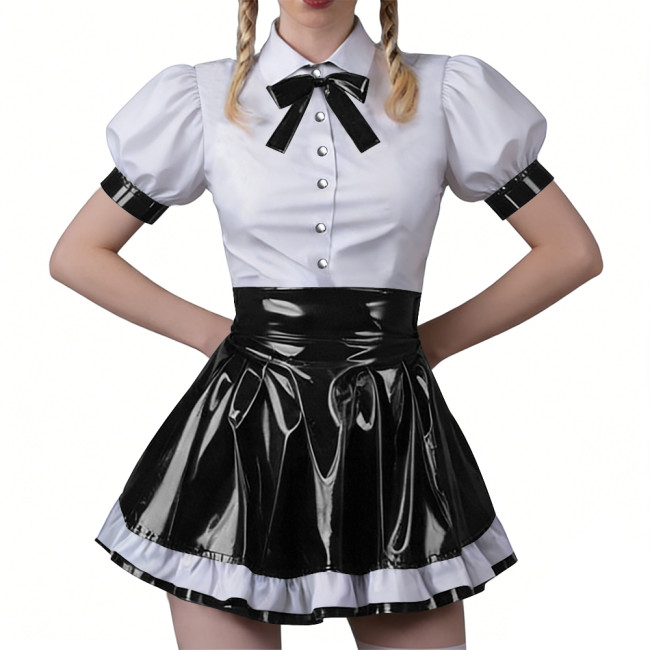 Women Fashion Forward Vinyl PVC Bodycon Maid Sets Sweet Puff Sleeve Sexy Top Party Cosplay Unifom Contrast Ruffle Clubwear Skirt