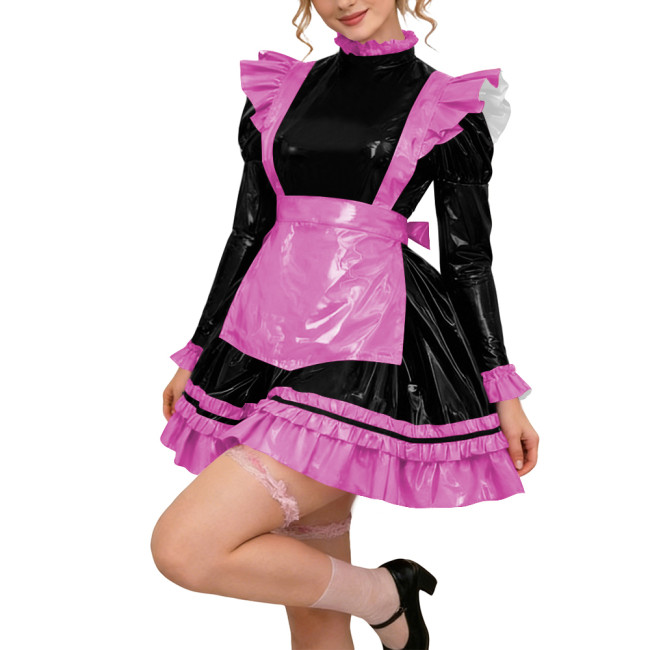 Glossy PVC Leather Long Sleeve Lolita Sexy Wetlook Cosplay Back Zipper Maid Dress A-Line Short Party Dress Women Apron Clubwear