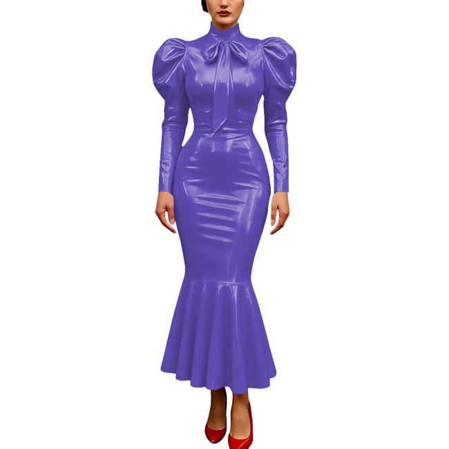 Vintage Glossy PVC Leather Dress High Neck Mermaid Dress Party Puff Sleeve Cosplay Bodycon Formal Bow Tie Gown Crossdresser