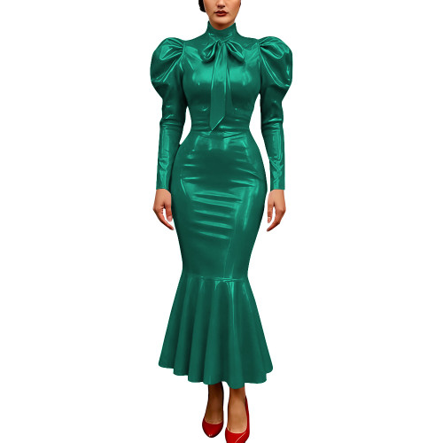 Vintage Glossy PVC Leather Dress High Neck Mermaid Dress Party Puff Sleeve Cosplay Bodycon Formal Bow Tie Gown Crossdresser