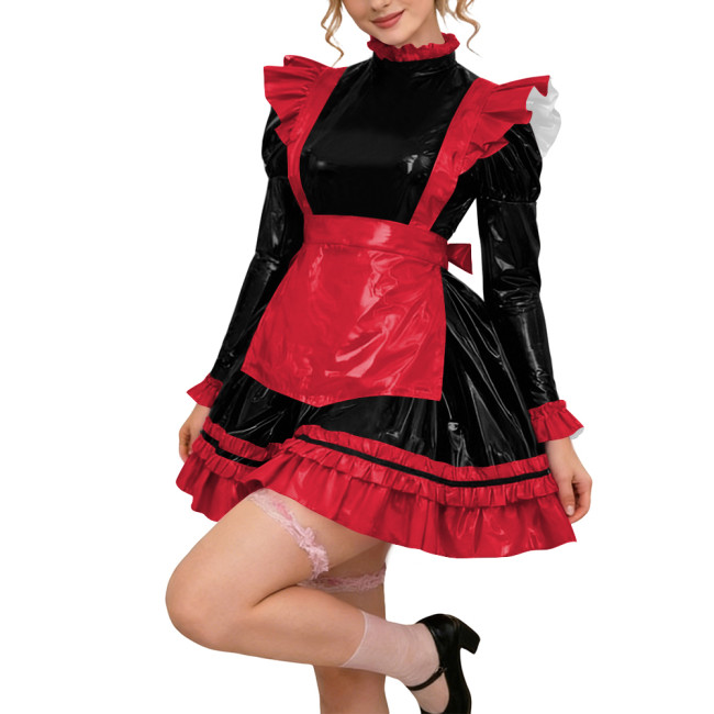 Glossy PVC Leather Long Sleeve Lolita Sexy Wetlook Cosplay Back Zipper Maid Dress A-Line Short Party Dress Women Apron Clubwear