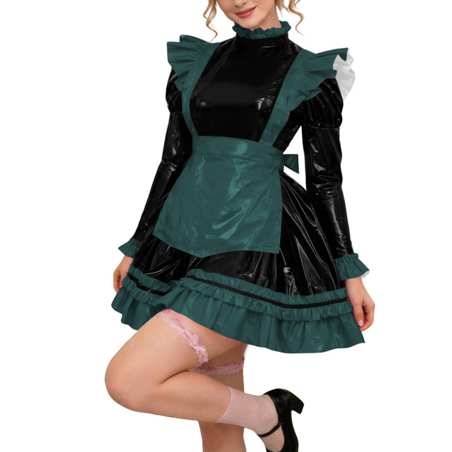 Glossy PVC Leather Long Sleeve Lolita Sexy Wetlook Cosplay Back Zipper Maid Dress A-Line Short Party Dress Women Apron Clubwear