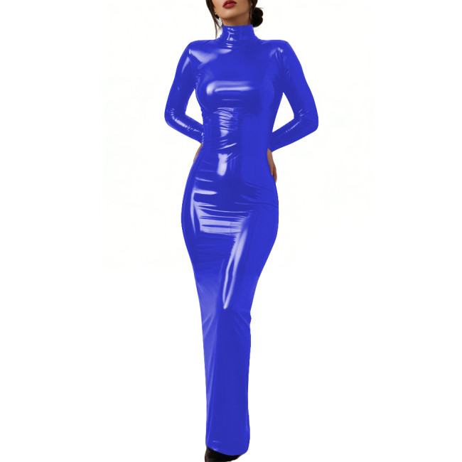 Elegant Glossy PVC Leather Lockable Dress High Neck Cosplay Maxi Dress Sexy Bodycon Long Sleeve Formal Party Gown Crossdresser