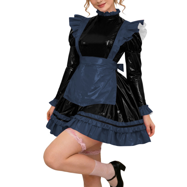 Glossy PVC Leather Long Sleeve Lolita Sexy Wetlook Cosplay Back Zipper Maid Dress A-Line Short Party Dress Women Apron Clubwear