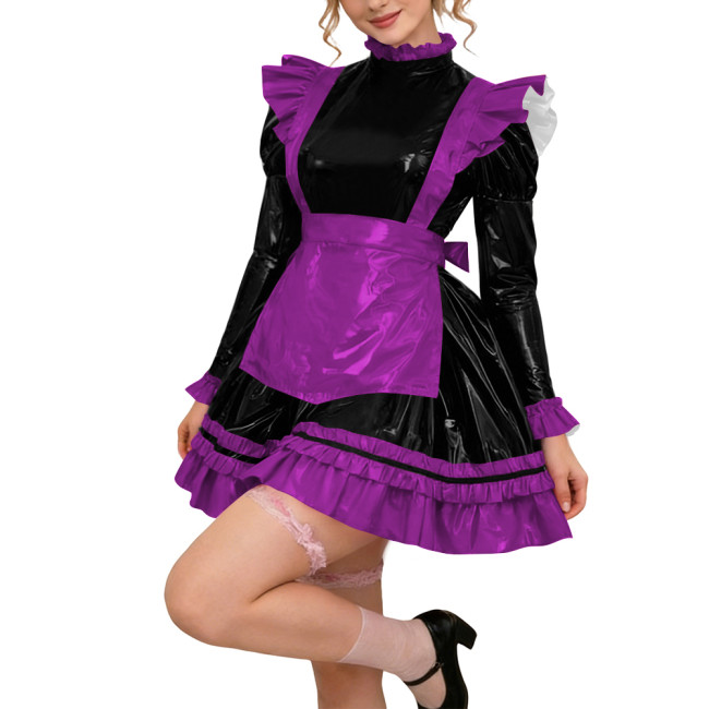 Glossy PVC Leather Long Sleeve Lolita Sexy Wetlook Cosplay Back Zipper Maid Dress A-Line Short Party Dress Women Apron Clubwear