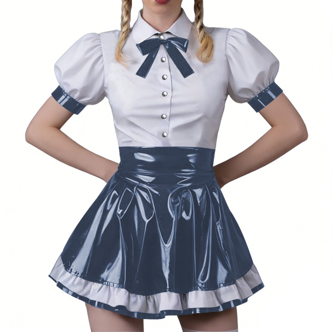 Women Fashion Forward Vinyl PVC Bodycon Maid Sets Sweet Puff Sleeve Sexy Top Party Cosplay Unifom Contrast Ruffle Clubwear Skirt