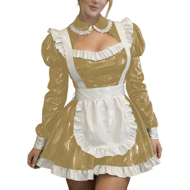 Sexy Wetlook PVC Leather Fetish Maid Dress A-Line Cocktail Lolita Zipper Mini Dress Fetish Cosplay Dress Cross-dresser Clubwear