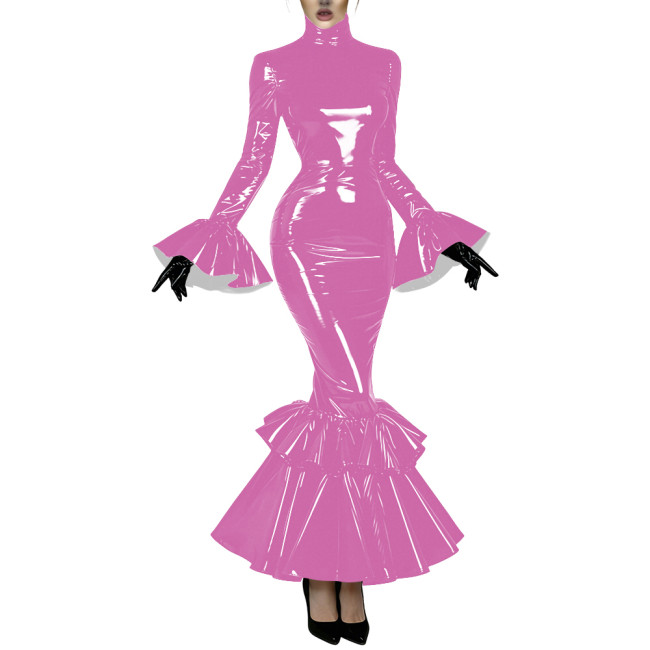Women's Glossy Latex-like PVC Mermaid Dress High Neck Flared Long Sleeve Ruffle Hem Bodycon Maxi Dress Formal Party Vestidos