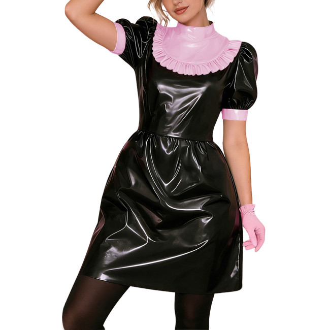 Gothic Punk Lolita PVC Puff Sleeve Cosplay Dress Shiny Vinyl Lady Short Dress Wetlook Contrast Ruffle Collar Bowless Party Dress