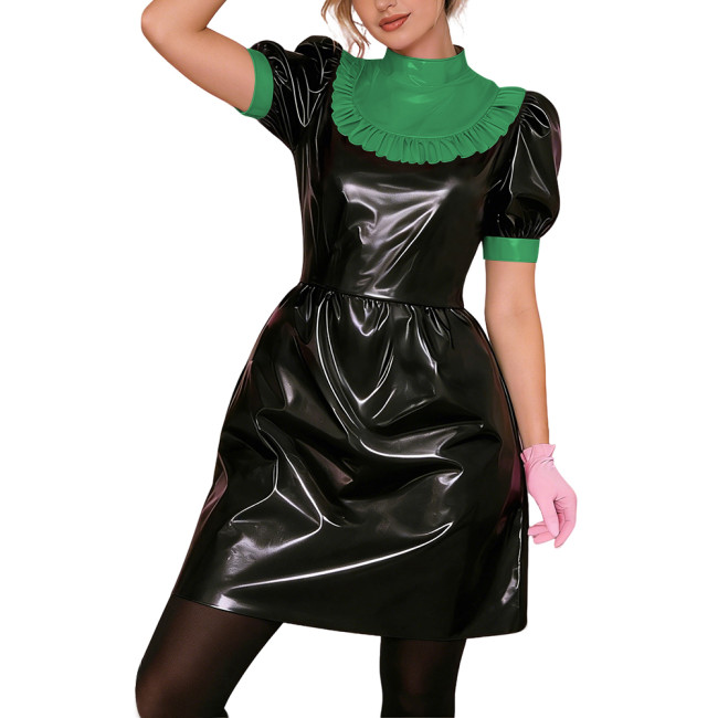 Gothic Punk Lolita PVC Puff Sleeve Cosplay Dress Shiny Vinyl Lady Short Dress Wetlook Contrast Ruffle Collar Bowless Party Dress