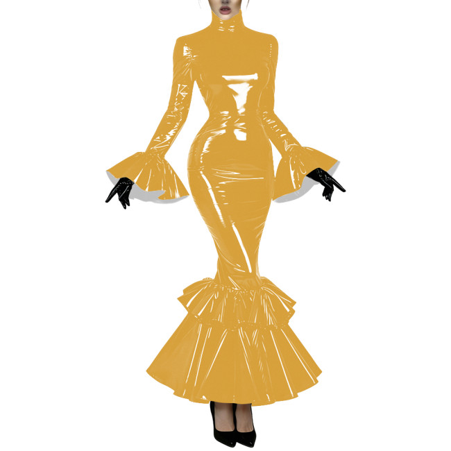 Women's Glossy Latex-like PVC Mermaid Dress High Neck Flared Long Sleeve Ruffle Hem Bodycon Maxi Dress Formal Party Vestidos