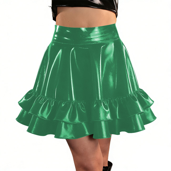Womens PVC Shiny High Waist Mini Skater Skirt Streetwear Ladies Solid Color Ruffle Hem Swing Skirts Nightclub Festival Costume
