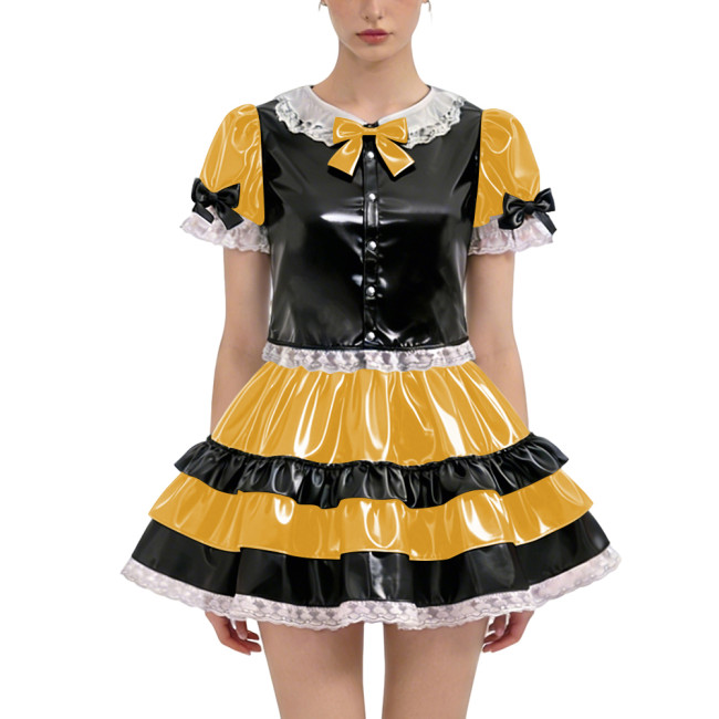 Shiny PVC Lolita Short Dress Outfit Sets 2-piece Set Sweet Bow Button Short Sleeve Tops High-waist Ruffles Mini Skirt Sissy Suit