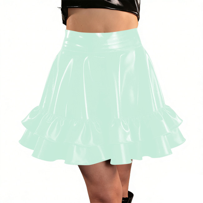 Womens PVC Shiny High Waist Mini Skater Skirt Streetwear Ladies Solid Color Ruffle Hem Swing Skirts Nightclub Festival Costume