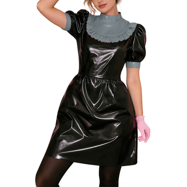 Gothic Punk Lolita PVC Puff Sleeve Cosplay Dress Shiny Vinyl Lady Short Dress Wetlook Contrast Ruffle Collar Bowless Party Dress
