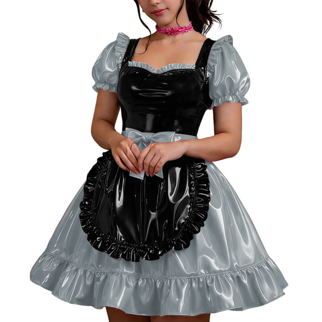 Halloween Shiny PVC French Dress Women Vinyl Mini Skirt Puff Sleeve Bow Sweetheart Party Maid Cross Dress Gothic Cosplay Lolita