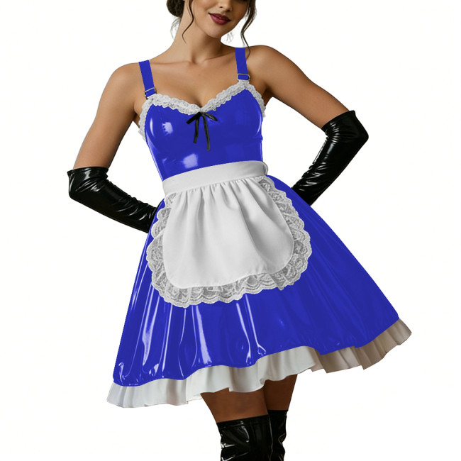 Halloween Women Shiny PVC Leather Maid Dress Sexy French Lace Apron Cute Mini Cosplay Lolita Party Wetlook Fancy Strap Dress