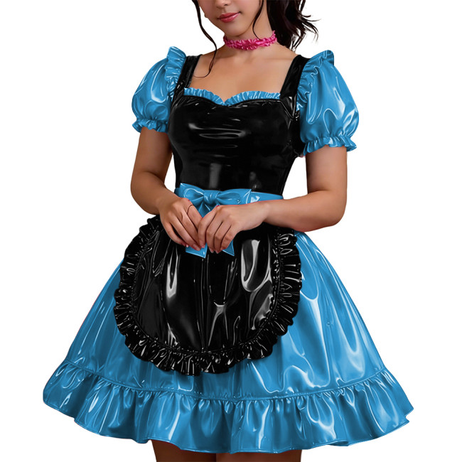 Halloween Shiny PVC French Dress Women Vinyl Mini Skirt Puff Sleeve Bow Sweetheart Party Maid Cross Dress Gothic Cosplay Lolita