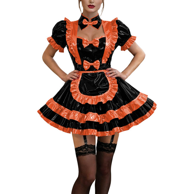 Glossy Ruffles Bow Collar Mini Maid Dress Apron Vinyl PVC Leather Dress Short Puff Sleeve Dress Maid Uniform Sexy Cosplay Lolita