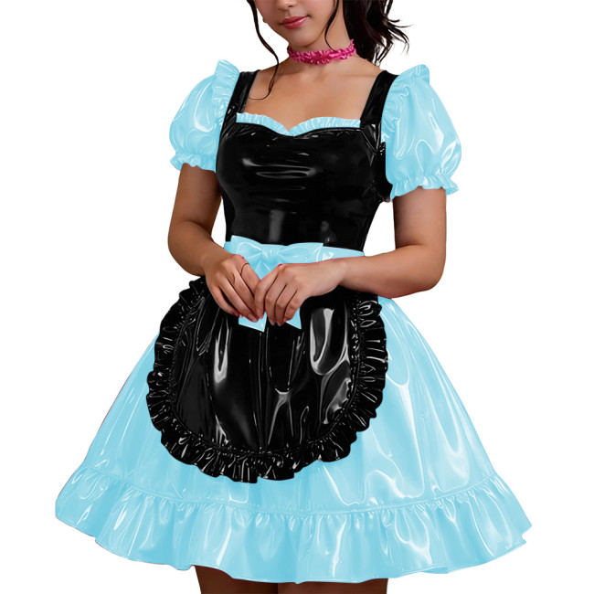 Halloween Shiny PVC French Dress Women Vinyl Mini Skirt Puff Sleeve Bow Sweetheart Party Maid Cross Dress Gothic Cosplay Lolita