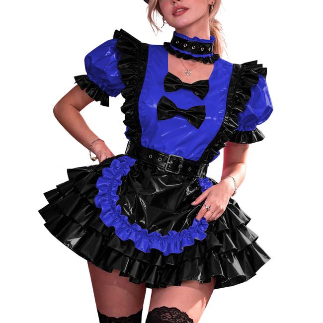 French Maid PVC Halloween Dress Women Shiny Vinyl A-Line Party Mini Dress Puff Sleeve Gothic Bow Choker Lady Cute Cosplay Lolita