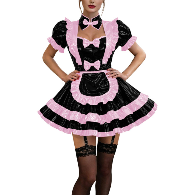 Glossy Ruffles Bow Collar Mini Maid Dress Apron Vinyl PVC Leather Dress Short Puff Sleeve Dress Maid Uniform Sexy Cosplay Lolita