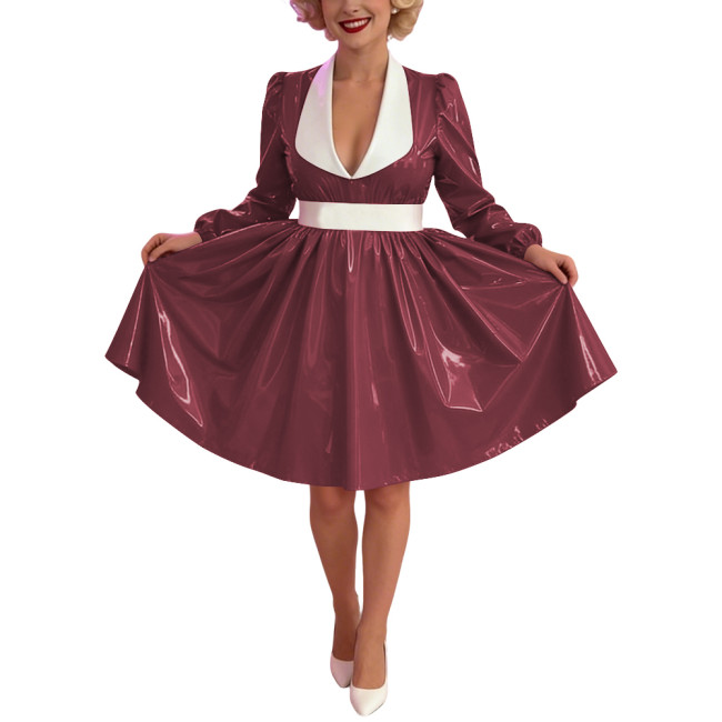 Women Glossy PVC Vintage A-Line Dress Elegant Contrast Collar Midi Dress Cosplay Sexy Zipper Party Dress Long Sleeve Clubwear
