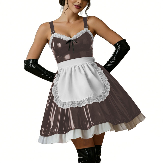Halloween Women Shiny PVC Leather Maid Dress Sexy French Lace Apron Cute Mini Cosplay Lolita Party Wetlook Fancy Strap Dress
