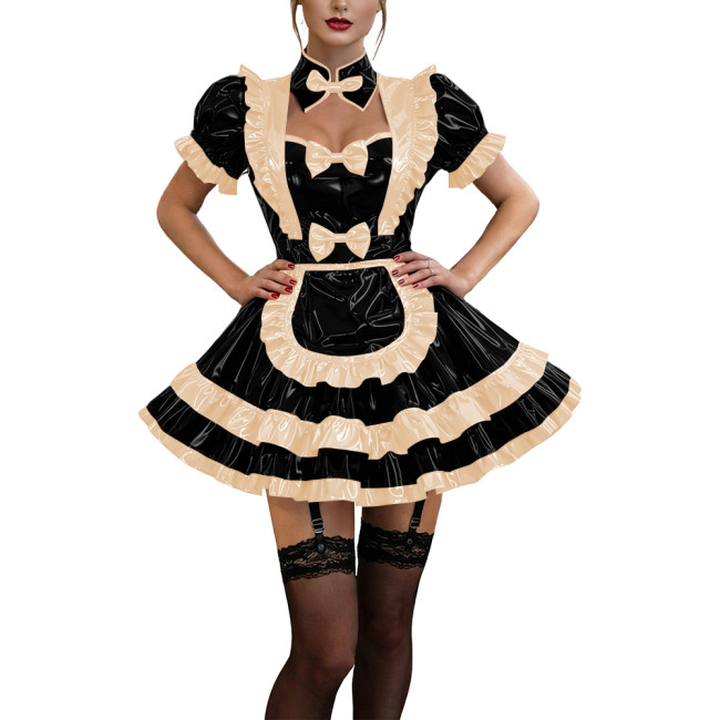 Glossy Ruffles Bow Collar Mini Maid Dress Apron Vinyl PVC Leather Dress Short Puff Sleeve Dress Maid Uniform Sexy Cosplay Lolita