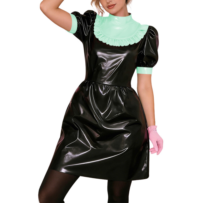 Gothic Punk Lolita PVC Puff Sleeve Cosplay Dress Shiny Vinyl Lady Short Dress Wetlook Contrast Ruffle Collar Bowless Party Dress