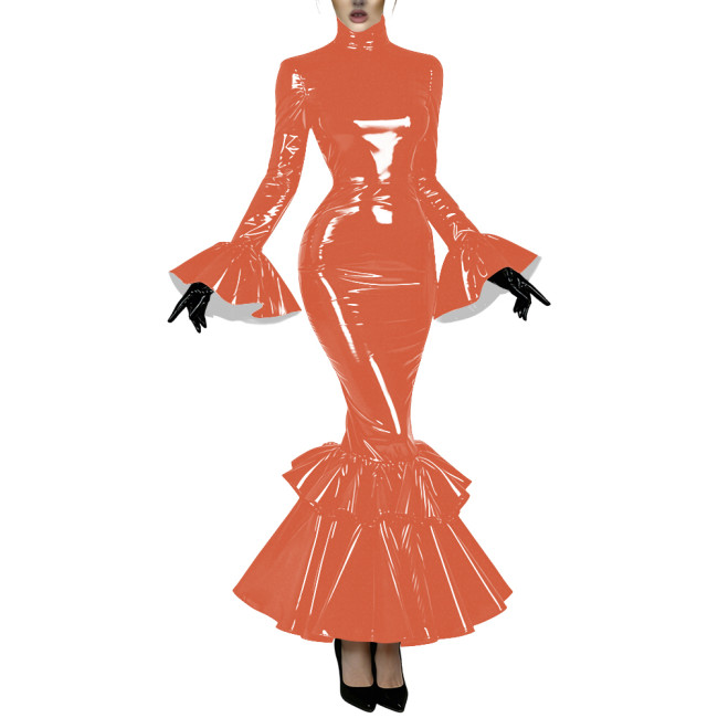 Women's Glossy Latex-like PVC Mermaid Dress High Neck Flared Long Sleeve Ruffle Hem Bodycon Maxi Dress Formal Party Vestidos