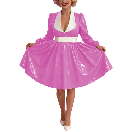 Women Glossy PVC Vintage A-Line Dress Elegant Contrast Collar Midi Dress Cosplay Sexy Zipper Party Dress Long Sleeve Clubwear