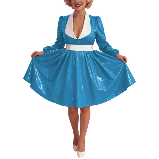 Women Glossy PVC Vintage A-Line Dress Elegant Contrast Collar Midi Dress Cosplay Sexy Zipper Party Dress Long Sleeve Clubwear