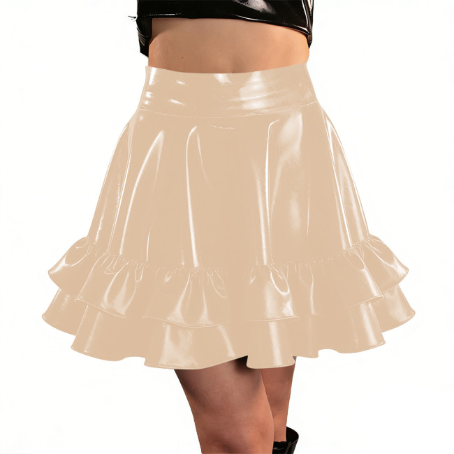 Womens PVC Shiny High Waist Mini Skater Skirt Streetwear Ladies Solid Color Ruffle Hem Swing Skirts Nightclub Festival Costume