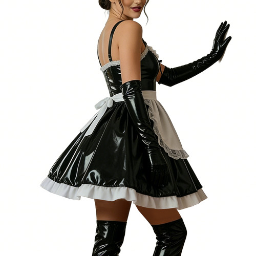 Halloween Women Shiny PVC Leather Maid Dress Sexy French Lace Apron Cute Mini Cosplay Lolita Party Wetlook Fancy Strap Dress