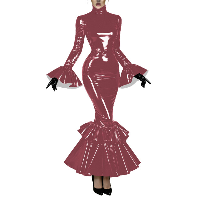 Women's Glossy Latex-like PVC Mermaid Dress High Neck Flared Long Sleeve Ruffle Hem Bodycon Maxi Dress Formal Party Vestidos