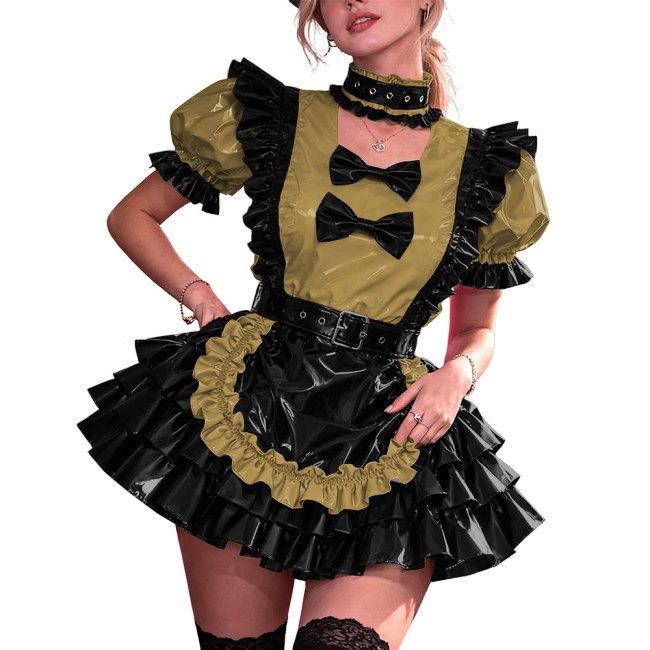 French Maid PVC Halloween Dress Women Shiny Vinyl A-Line Party Mini Dress Puff Sleeve Gothic Bow Choker Lady Cute Cosplay Lolita