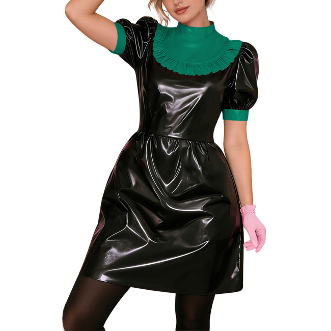 Gothic Punk Lolita PVC Puff Sleeve Cosplay Dress Shiny Vinyl Lady Short Dress Wetlook Contrast Ruffle Collar Bowless Party Dress