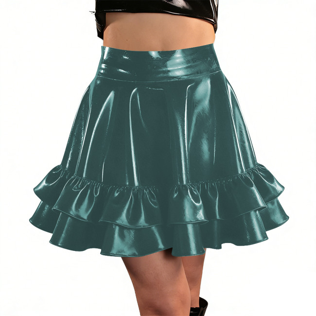 Womens PVC Shiny High Waist Mini Skater Skirt Streetwear Ladies Solid Color Ruffle Hem Swing Skirts Nightclub Festival Costume