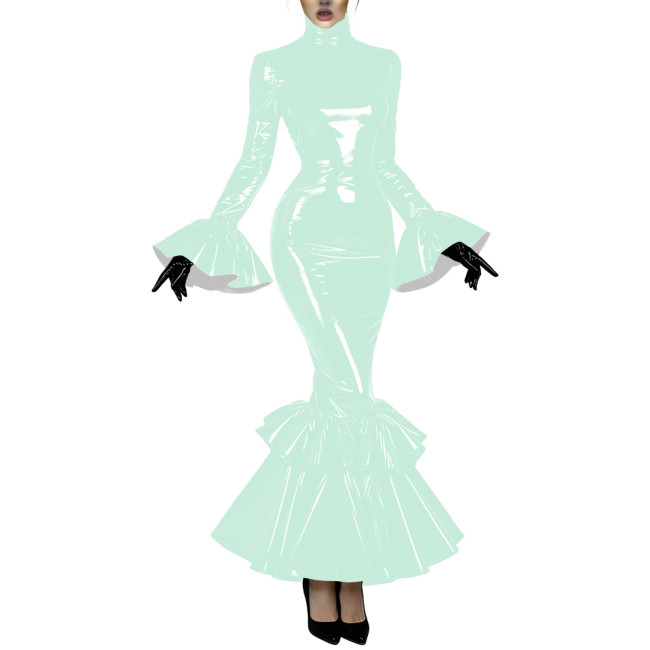 Women's Glossy Latex-like PVC Mermaid Dress High Neck Flared Long Sleeve Ruffle Hem Bodycon Maxi Dress Formal Party Vestidos