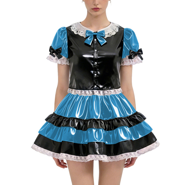 Shiny PVC Lolita Short Dress Outfit Sets 2-piece Set Sweet Bow Button Short Sleeve Tops High-waist Ruffles Mini Skirt Sissy Suit