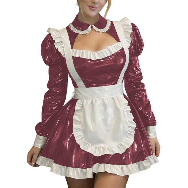 Sexy Wetlook PVC Leather Fetish Maid Dress A-Line Cocktail Lolita Zipper Mini Dress Fetish Cosplay Dress Cross-dresser Clubwear