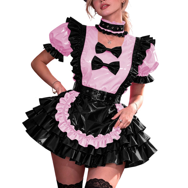 French Maid PVC Halloween Dress Women Shiny Vinyl A-Line Party Mini Dress Puff Sleeve Gothic Bow Choker Lady Cute Cosplay Lolita