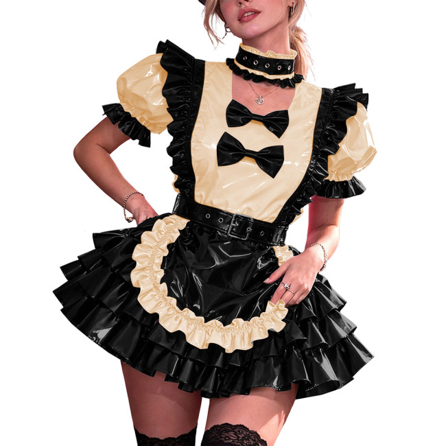 French Maid PVC Halloween Dress Women Shiny Vinyl A-Line Party Mini Dress Puff Sleeve Gothic Bow Choker Lady Cute Cosplay Lolita