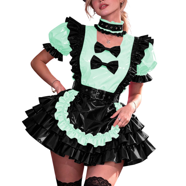 French Maid PVC Halloween Dress Women Shiny Vinyl A-Line Party Mini Dress Puff Sleeve Gothic Bow Choker Lady Cute Cosplay Lolita