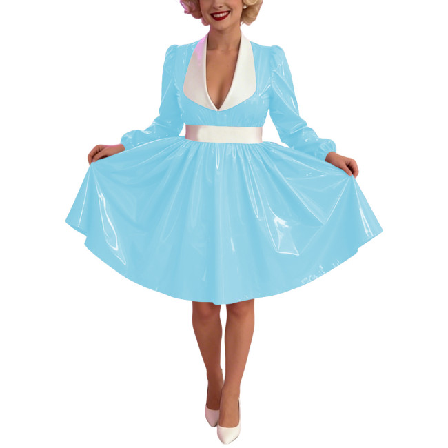 Women Glossy PVC Vintage A-Line Dress Elegant Contrast Collar Midi Dress Cosplay Sexy Zipper Party Dress Long Sleeve Clubwear